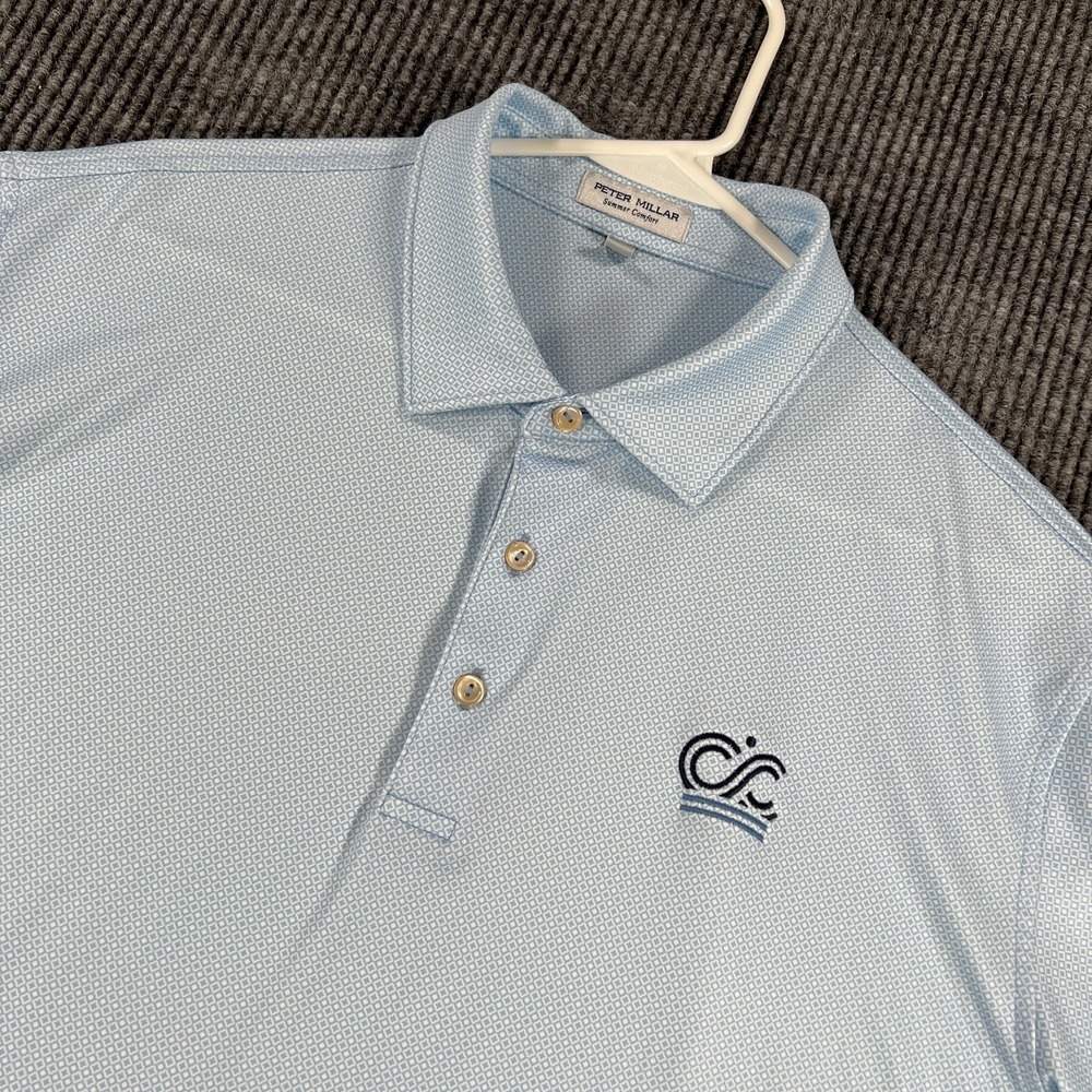 Peter Millar Summer Comfort Polo Shirt Mens Large Blue Geometric Short Sleeve